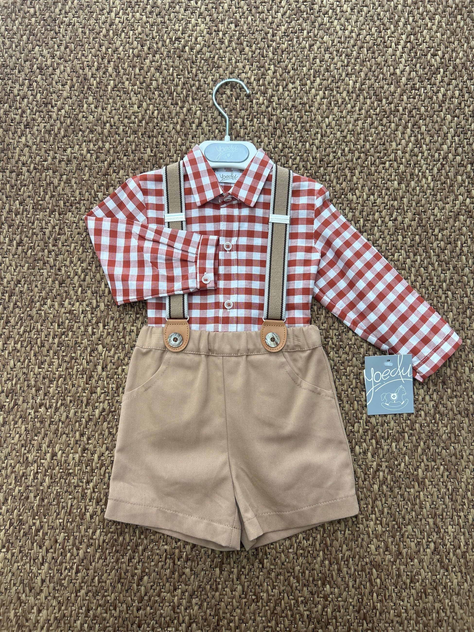 Completo bambino 2pz con bretelle e camicia a quadri Yoedu