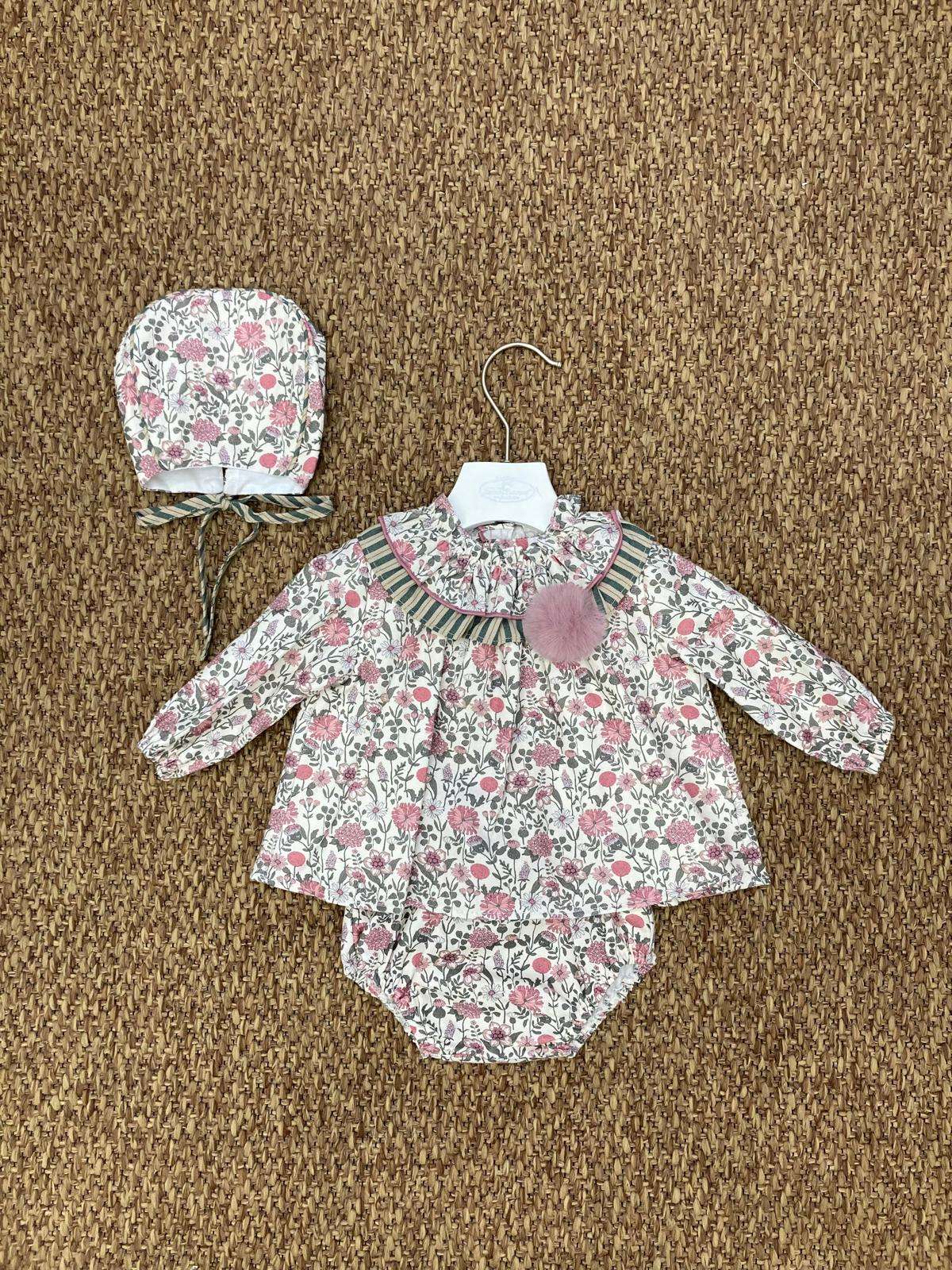 Completo bambina 3pz a fiori con collo rouches Yoedu