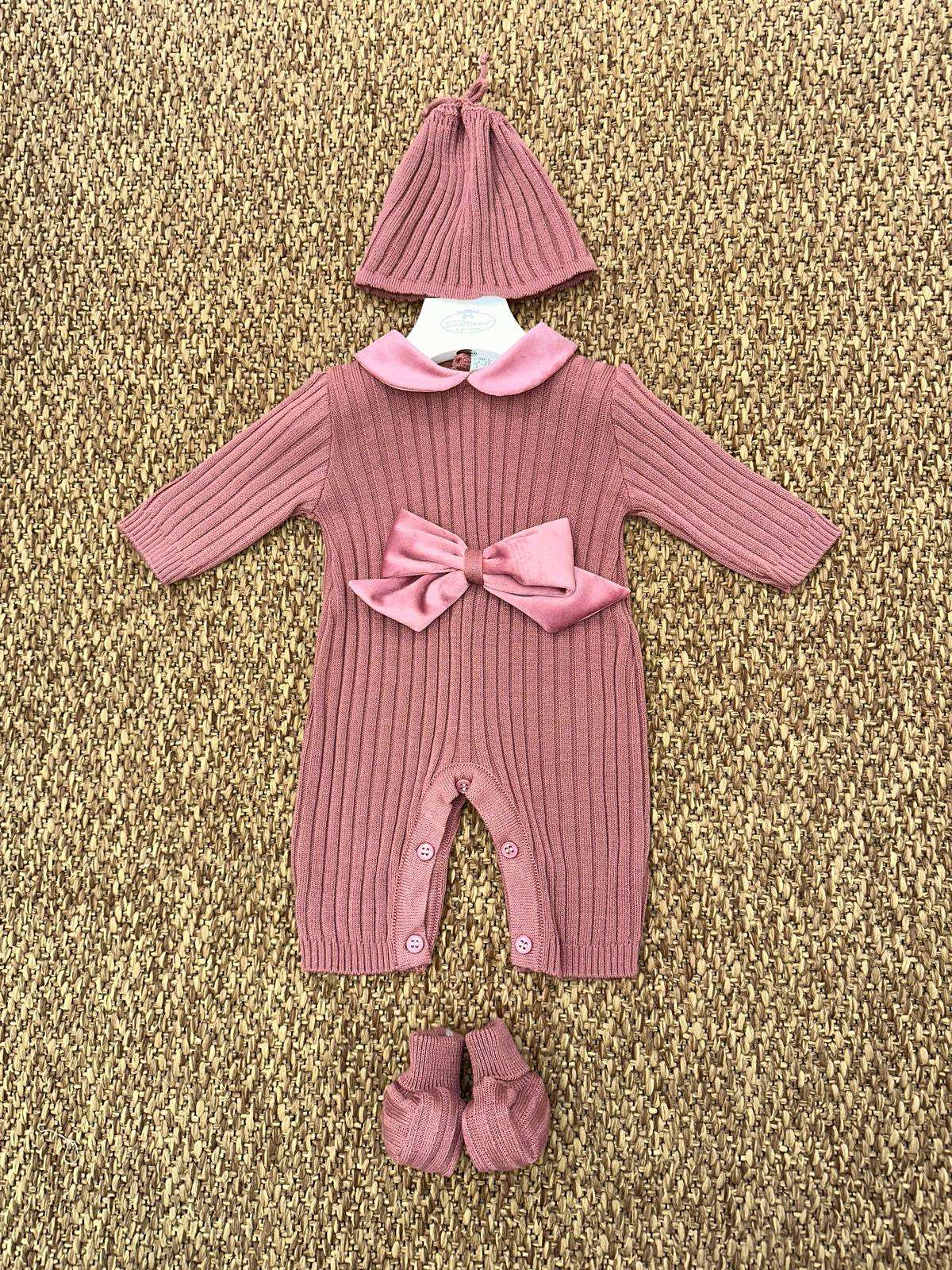 Tutina neonata a costine con fiocco con scarpine e cappello Pappa e Latte