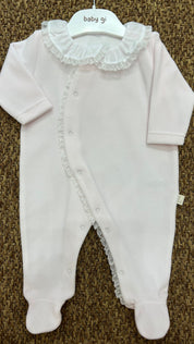 Tutina neonata in ciniglia collo volant e merletto Baby Gi