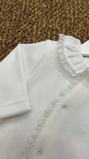 Tutina neonata in ciniglia collo volant e merletto Baby Gi