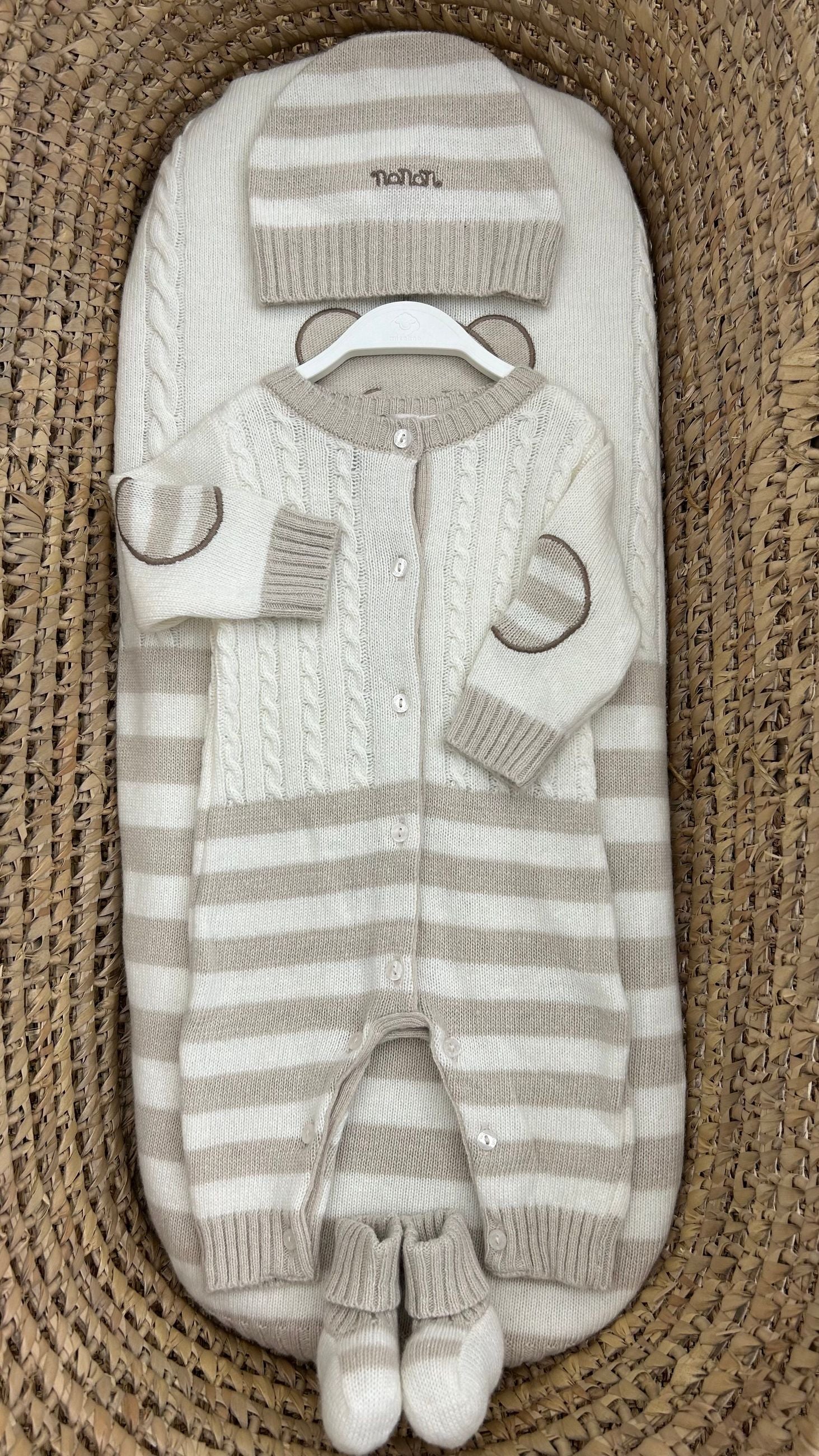 Completo nascita neonato a righe con cappellino e scarpine Nanan