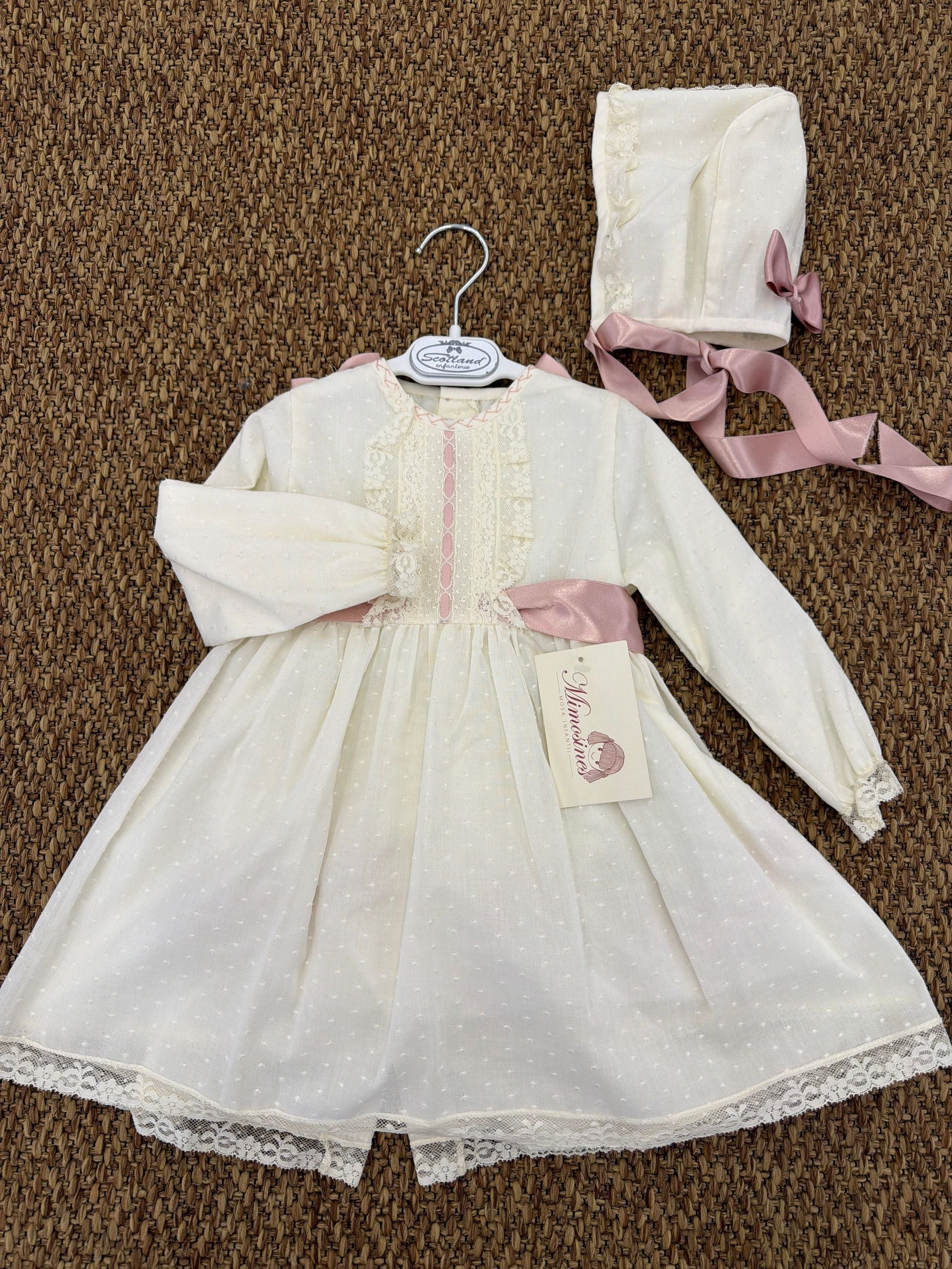 Completo bambina cerimonia 2pz con dettagli in pizzo e cuffia Mimosines