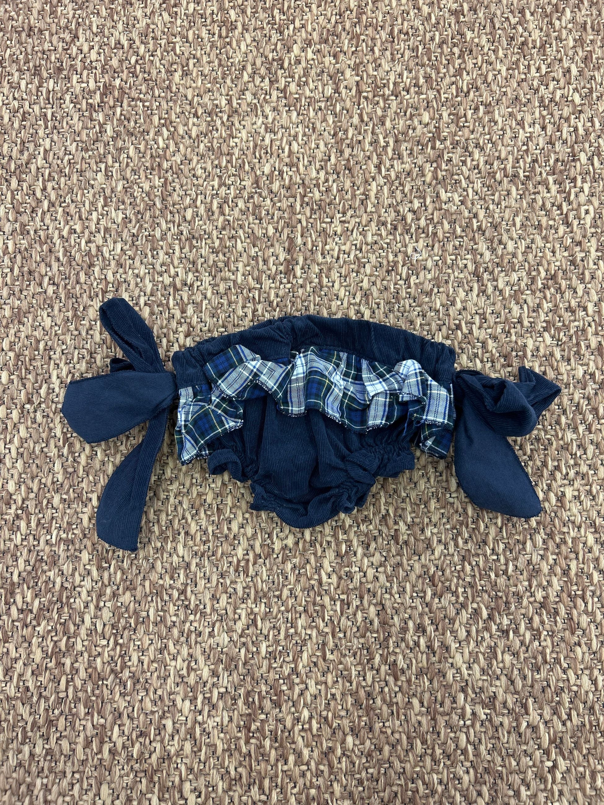 Culotte blu a costine con balza tartan