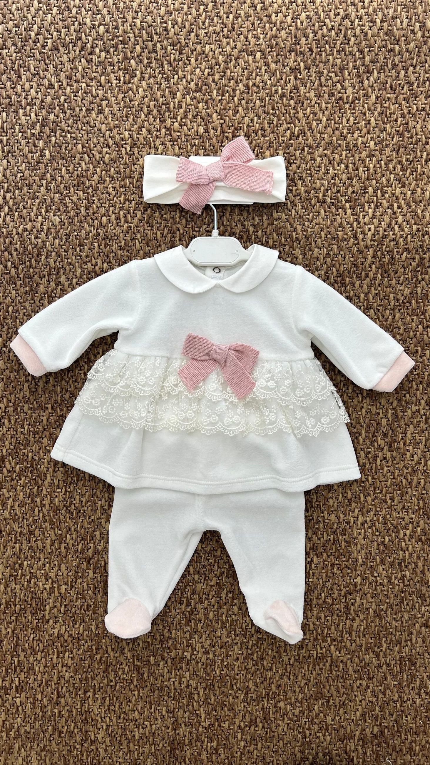 Completo neonata 2pz fiocchetti e merletto con fascia Teto e Tatta