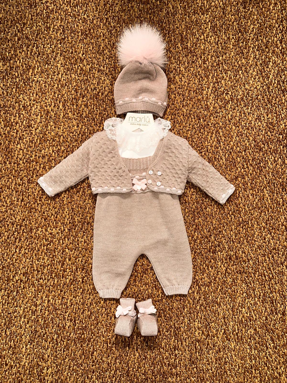 Completo neonata 3pz nido d'ape con cappellino e scarpine Marlù